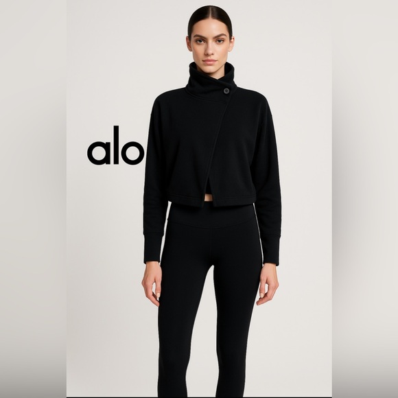 ALO Yoga Black Cropped Bolero Wrap Jacket Sweatshirt Cardigan Dolman Sleeves S - Picture 2 of 16